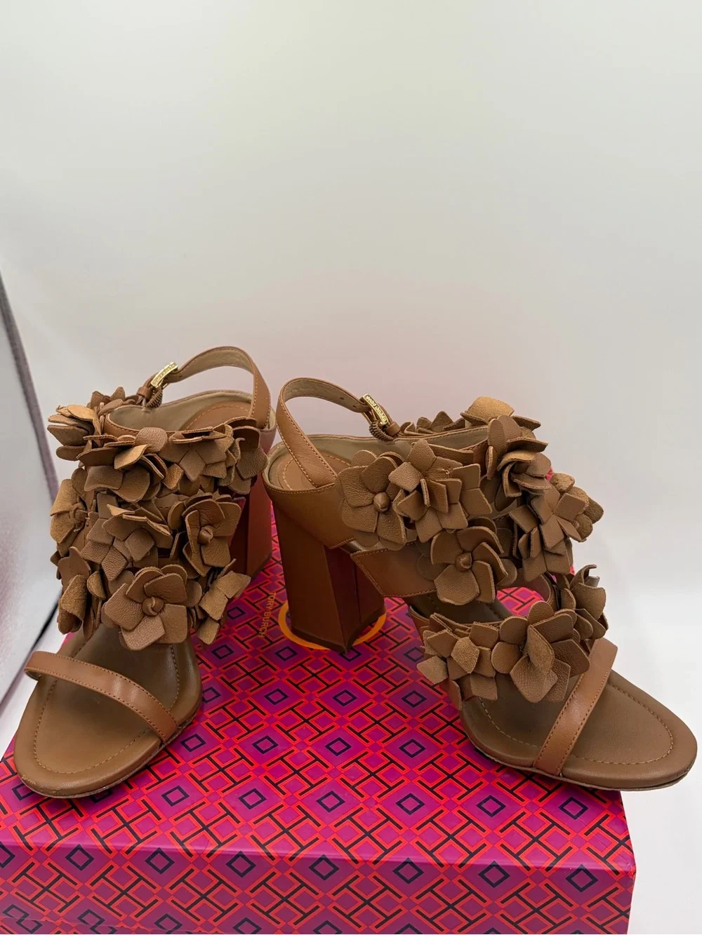 Tory Burch Brown Floral Blossom Leather Sandals with Gold Buckle Block Heels
